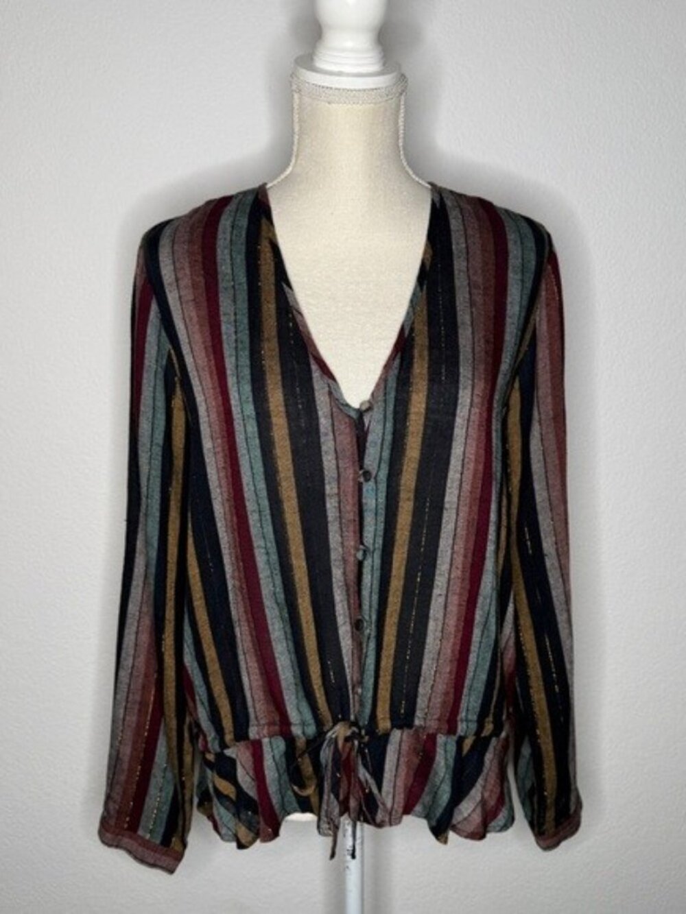 Rails Beaux Varadero Stripe Blouse Metallic Waist Tie Ruffle Hem Size M